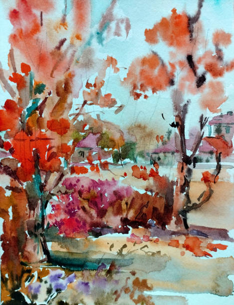 istock Watercolor colorful bright textured abstract background handmade . Mediterranean landscape . Painting of the park in autumn , made in the technique of watercolors from nature 1442123645