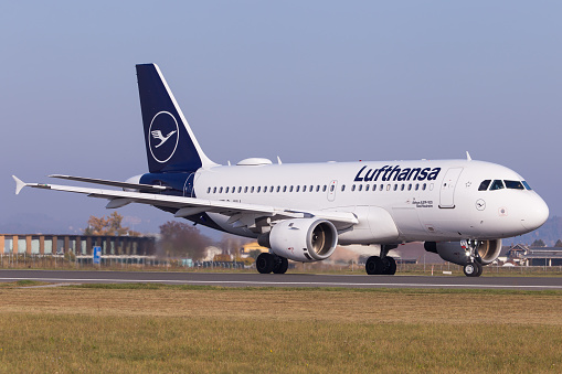Graz, Austria – October 31, 2012: Lufthansa Airbus A320 lining up runway in Graz for departure to Frankfurt