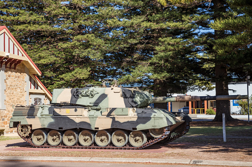 Centurion army tank as used in the Vietnam War now on display at the free access public outdoor Vietnam War Memorial in Seymour in Central Victoria