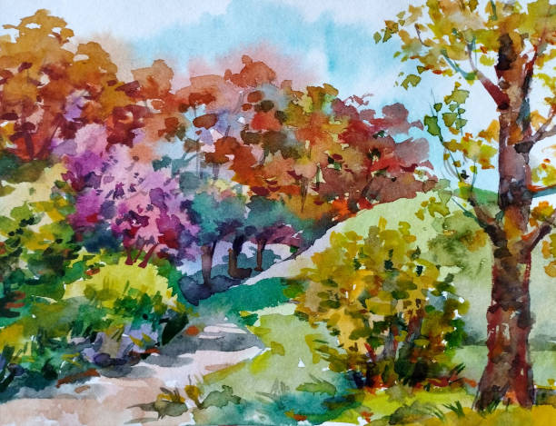 istock Watercolor colorful bright textured abstract background handmade . Mediterranean landscape . Painting of the park in autumn , made in the technique of watercolors from nature 1442124292