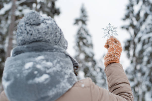 istock hand in mitten holding decorative transparent snowflake, winter forest natural background. 1442125466