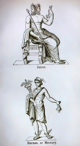 An old vintage illustration of greek and roman gods of gates and doors