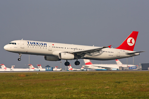 Vienna, Austria – October 07, 2012: Turkish Airlines Airbus A321 landing in Vienna in Austria