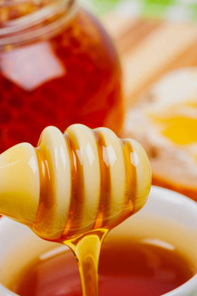 istock Honey dripping from porcelain ladle into ceramic bowl 1442125664