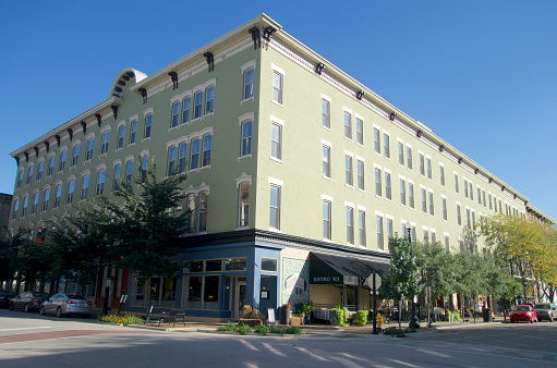 Lafayette, United States – October 17, 2021: This building is currently known as the Lahr Apartments. The first floor houses the Bistro 501 restaurant and market and other local small businesses.