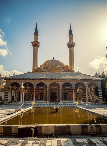 The Tekkiye Mosque in Damascus, Syria, is located on the banks of the Barada River. It is one of the finest examples of Ottoman architecture.