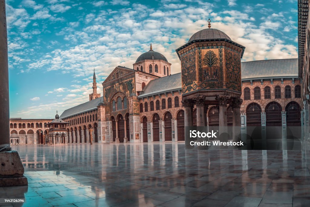 Umayyad Mosque Damascus day panoramic view of the Umayyad mosque during a sunset. showing the Islamic architecture and Islamic art in this holy place in Damascus Syria. Damascus Stock Photo