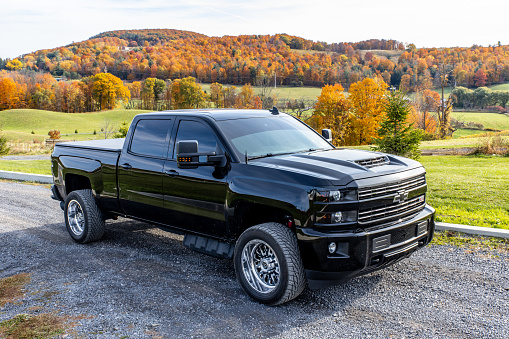 Cobleskill, United States – October 13, 2020: A black Chevrolet Silverado pickup truck