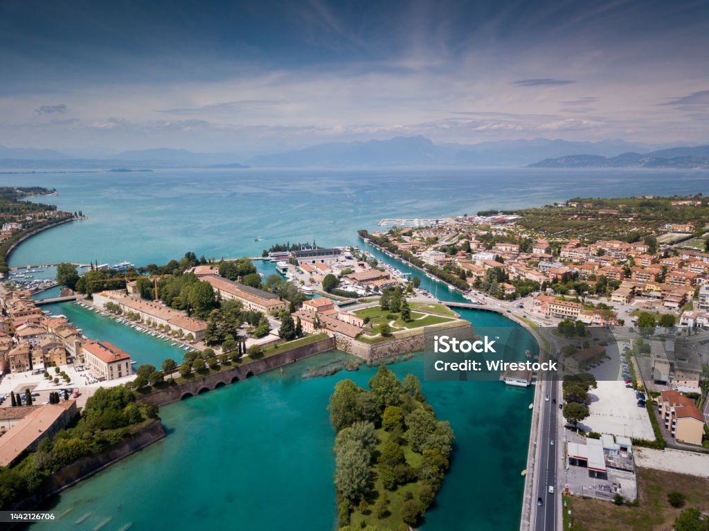 Aerial view of the city of Peschiera del Garda in the province of Verona in Veneto An aerial view of the city of Peschiera del Garda in the province of Verona in Veneto Peschiera Del Garda Stock Photo