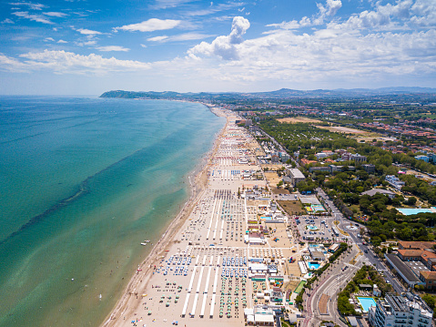 Aerial view of the Romagna coast with the beaches of Riccione, Rimini and Cattolica