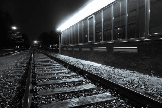 istock Grayscale of a train station and a railway. 1442126732