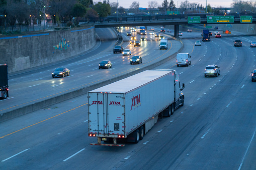 Sacramento, United States – March 17, 2021: An aerial view of the freeway I-5 Southbound during the evening in Sacramento, CA