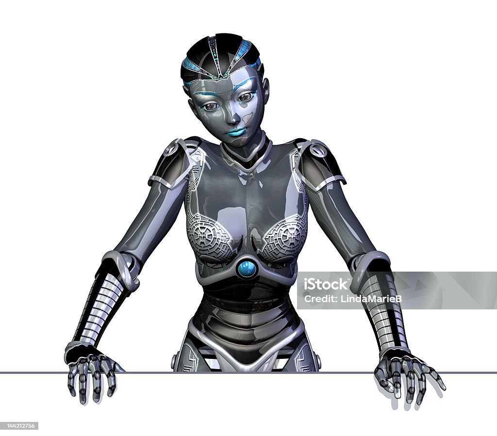 Robot Leaning on Edge 3D render of a female robot, leaning on an edge. Adult Stock Photo