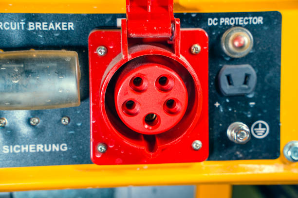 istock Industrial red power socket with earth close-up. Gasoline generator housing 1442127607