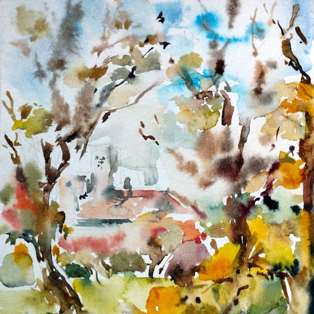 istock Watercolor colorful bright textured abstract background handmade . Mediterranean landscape . Painting of the park in autumn 1442128203