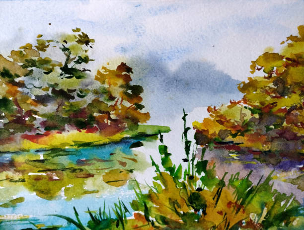 istock Watercolor colorful bright textured abstract background handmade . Mediterranean landscape . Painting of the park in autumn 1442128500
