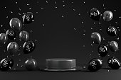 Black stage podium with Black Friday sale with percent in black glossy balloon on black background