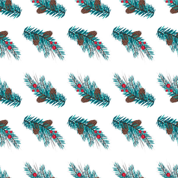 istock Christmas seamless pattern with fir branches with blue needles, red berries and cones for postcards and design. 1442129683