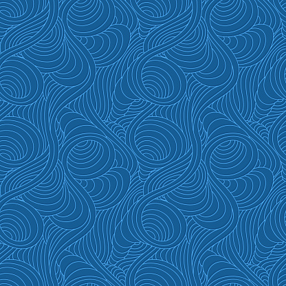 Seamless vector linear pattern of blue smooth lines of spirals and swirls. Marine seamless texture of thin graceful lines and arcs