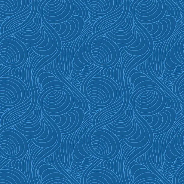 Vector illustration of Seamless vector linear pattern of blue smooth lines of spirals and swirls. Marine seamless texture of thin graceful lines and arcs.