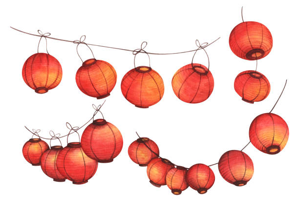 Set of traditional Chinese paper lanterns. Watercolor illustration. Set of traditional Chinese paper lanterns. Isolated on white background. Hand drawn watercolor sketch illustration. watercolor lantern set stock illustrations