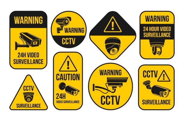 CCTV warning yellow black minimal line emblem set vector flat security surveillance caution sign CCTV warning yellow black minimal line emblem set vector flat illustration. Security surveillance caution sign privacy protection video camera monitoring label. Private secure zone geometric badge surveillance camera sign stock illustrations