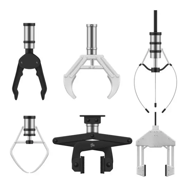 Vector illustration of Mechanical grippers robotic claws industrial transfer set realistic vector illustration