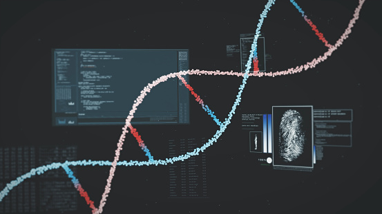 A crime scene DNA analysis screen with a fingerprint