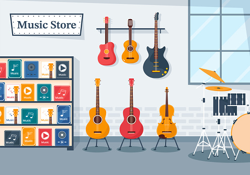 Music Store with Various Musical Instruments, CD, Cassette Tapes and Audio Recordings in Flat Style Cartoon Hand Drawn Template Illustration