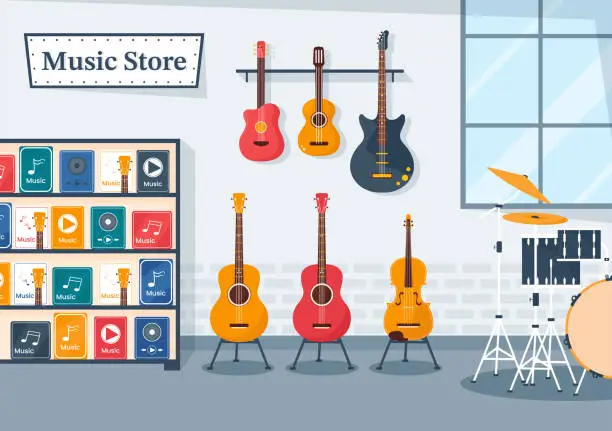 Vector illustration of Music Store with Various Musical Instruments, CD, Cassette Tapes and Audio Recordings in Flat Style Cartoon Hand Drawn Template Illustration