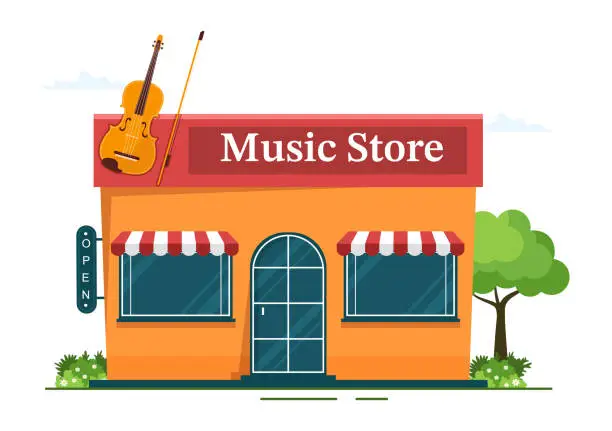 Vector illustration of Music Store with Various Musical Instruments, CD, Cassette Tapes and Audio Recordings in Flat Style Cartoon Hand Drawn Template Illustration