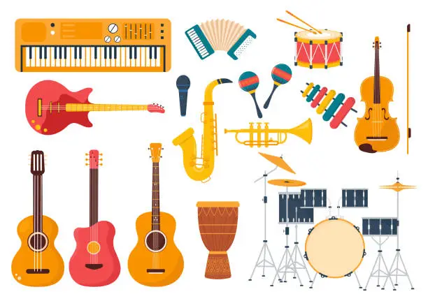Vector illustration of Music Store with Various Musical Instruments, CD, Cassette Tapes and Audio Recordings in Flat Style Cartoon Hand Drawn Template Illustration