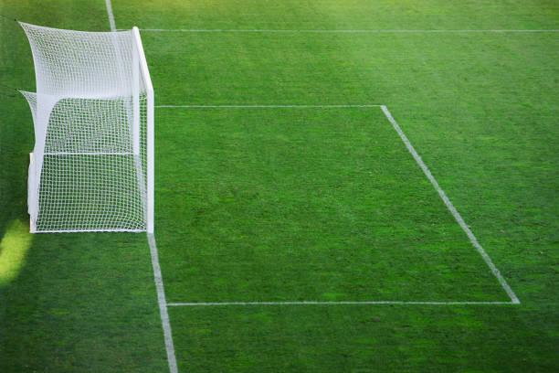 empty soccer goal in the stadium - ready for the game empty soccer goal in the stadium - ready for the game stadium playing field grass fifa world cup stock pictures, royalty-free photos & images