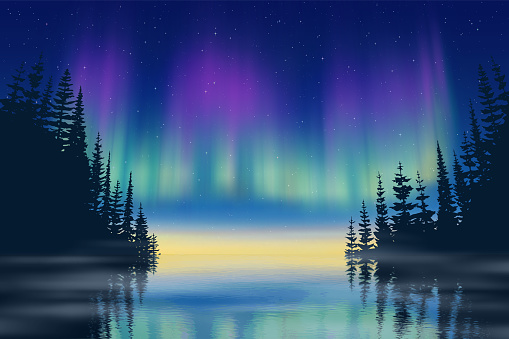 Aurora borealis reflected in water, winter holiday illustration, northern nature