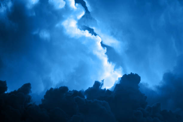 istock Dark blue toned sky with gloomy dramatic clouds. Backdrop background for mockup 1442140172