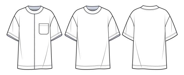 Overfit Tee Shirt technical fashion illustration. T-Shirt  fashion flat tehnical drawing template, pocket, front and back view, white color, women, men, unisex CAD mockup set. Overfit Tee Shirt technical fashion illustration. T-Shirt  fashion flat tehnical drawing template, pocket, front and back view, white color, women, men, unisex CAD mockup set. tehnical stock illustrations