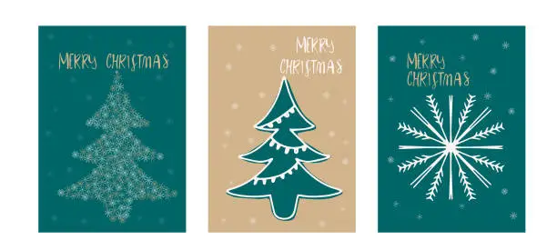 Vector illustration of Vertical Merry Christmas and Hello winter greeting cards with Fir Tree and Decorative Snowflakes vector set