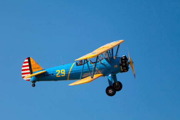 Morlaix, France - September 18 2022: The Stearman (Boeing) Model 75 is a biplane formerly used as a military trainer aircraft.