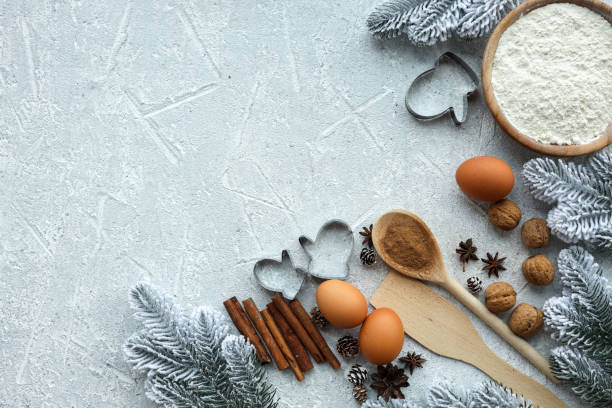 istock Ingredients for cooking christmas baking. Flour, eggs, brown sugar and spices. Top view with copy space 1442147095