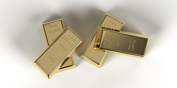 Gold ingot concept: Shiny metal bars on white background. Financial business investment and banking template poster, copy space. Stacked gold bricks in 3D render illustration with clipping path for easy edit.
