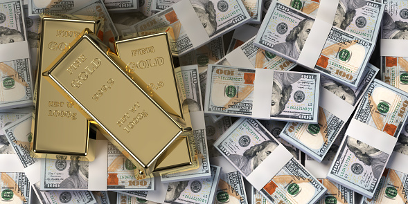 American Dollar and Gold ingot combinations concept: Gold bars on one hundred USD bills. Shiny metal on $100 paper money piles. Financial investment, cash business and banking background, copy space. Stacked US Currency in 3D render illustration with clipping path for easy edit.