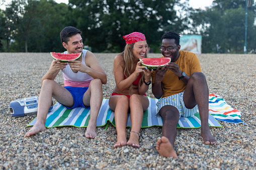 A photo of young multiracial friends near the water, enjoying a fresh watermelon on a sunny day.