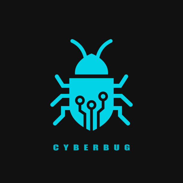 Computer cyber bug icon with circuit Computer cyber bug vector icon isolated on black background agent nasty stock illustrations