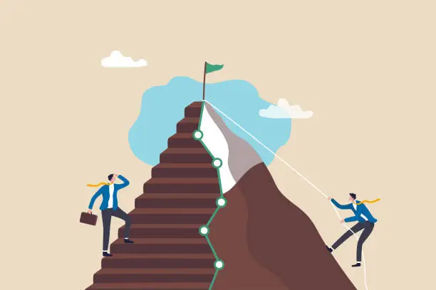 Vector illustration of Easy and hard way to success, journey to achieve target or mission accomplish, choosing path to succeed, way to reach business goal concept, businessmen compete easy and hard way to climb mountain.