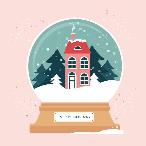 ilustrações, clipart, desenhos animados e ícones de globo de neve de natal com cena de natal no globo de neve. casa vermelha de inverno. árvore de natal. feliz ano novo. férias de inverno. estilo plano - bola de cristal