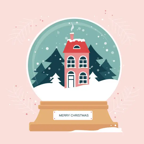 Vector illustration of Christmas snow globe with Xmas scene in snow globe. Winter red house. Christmas tree. Happy New Year. Winter holidays. Flat style