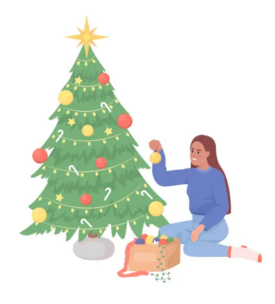 Vector illustration of Lady decorating christmas tree semi flat color vector character