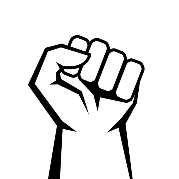 Strong clenched fist icon, human raised hand, rebel concept Strong raised human fist vector icon isolated on white background edgy drawings stock illustrations