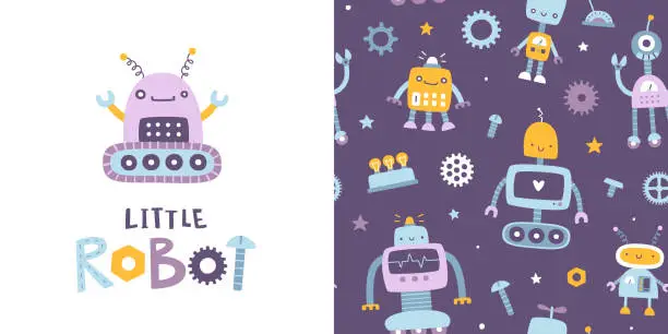 Vector illustration of Cute pattern with robots for kids.Funny seamless vector print set for baby textile and apparel.