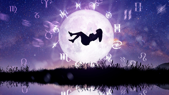 Astrological zodiac signs inside of horoscope circle. Woman levitating over the stars and moon over the zodiac wheel and milky way background. The power of the universe concept.